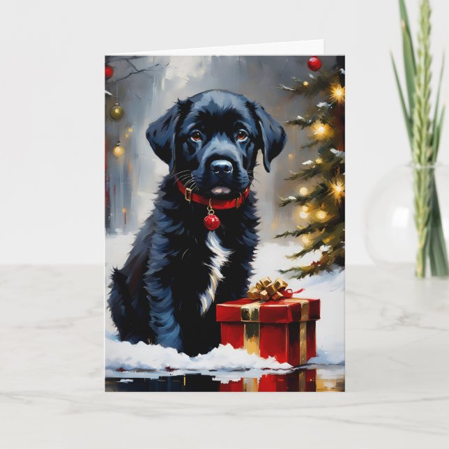 Christmas Black Puppy With Red Gift Card (Front)