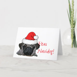 Christmas Black Realistic Pug Puppy Painting Holiday Card