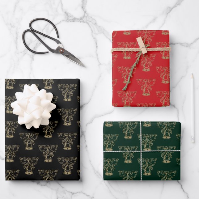 Christmas black red dark green gold bells cute  wrapping paper sheets (Front)