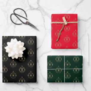 Christmas black red dark green gold cute ornaments wrapping paper sheets
