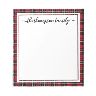 Christmas Black Red Plaid Script Family Name Notepad