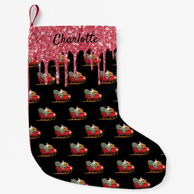 Christmas black red sleigh Santa glitter monogram Small Christmas Stocking (Front)