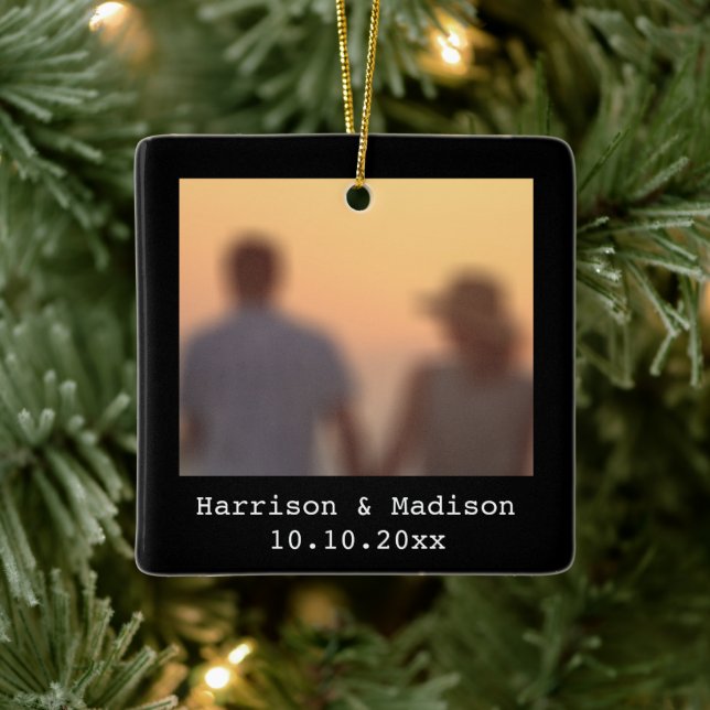Christmas black retro instant couple photo names ceramic ornament (Tree)