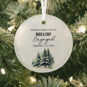 Christmas Black Rustic Pine Trees Couple Engaged Glass Ornament