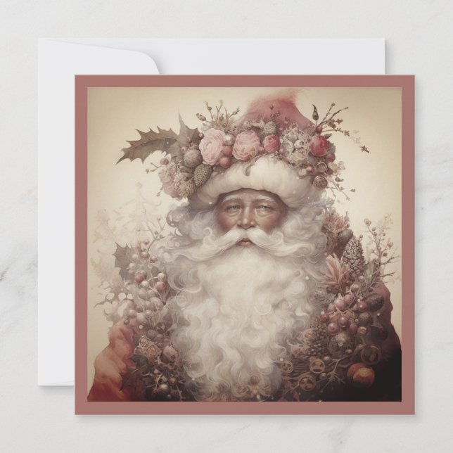 Christmas Black Santa - Rococo & Pink Floral Holiday Card (Front)