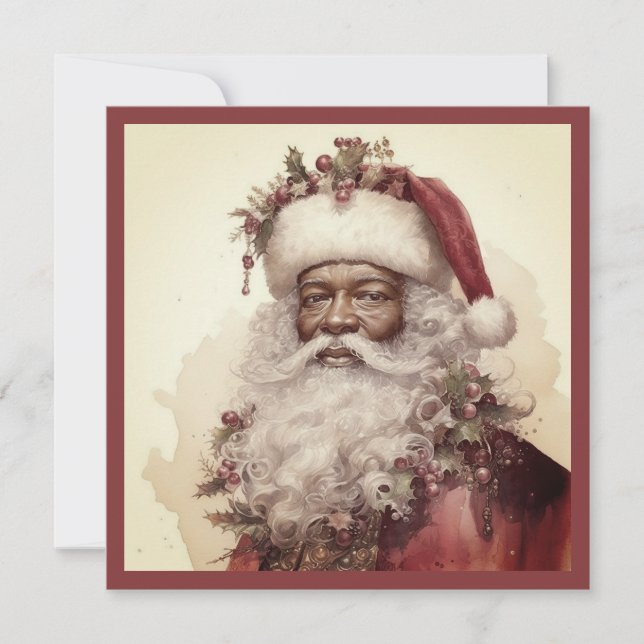 Christmas Black Santa - Rococo Red & Greenery Holiday Card (Front)