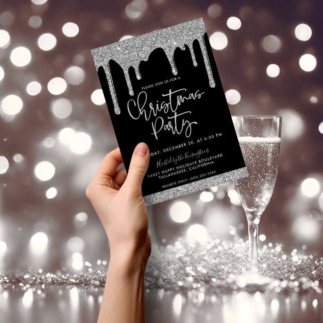 Christmas Black Silver Glitter Drips Holiday Party Invitation (Black and Silver Glitter Christmas Party Invitation)
