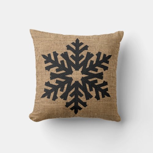 Christmas Black Snowflake on Tan Burlap Throw Pillow
