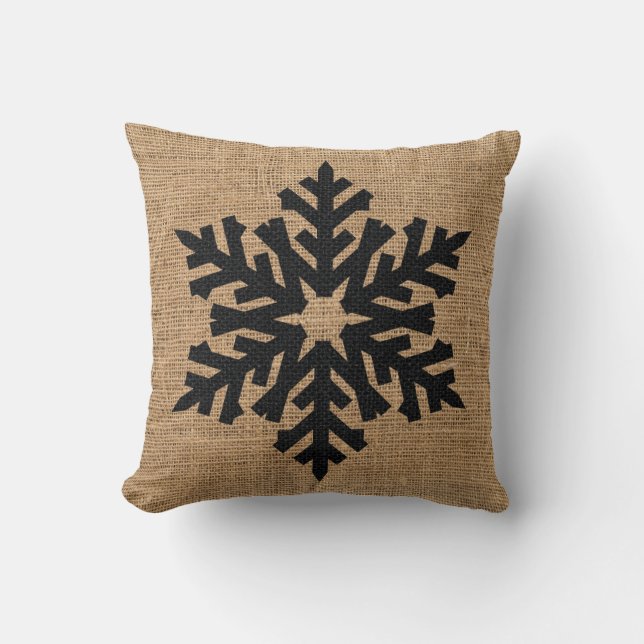 Christmas Black Snowflake on Tan Burlap Throw Pillow (Front)
