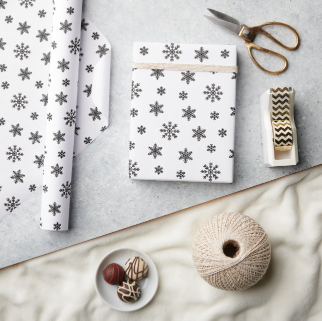 Christmas Black snowflakes on White background  Wrapping Paper (Crafts)