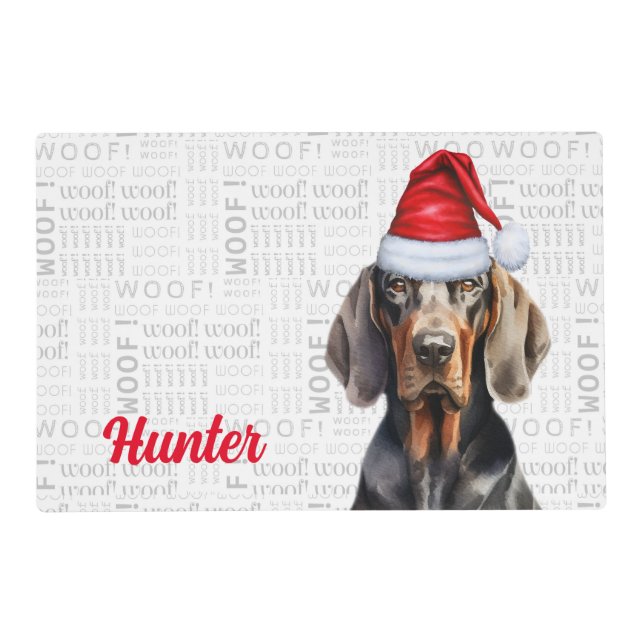 Christmas Black Tan Coonhound with Name Pet Placemat (Front)