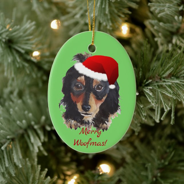 Christmas Black Tan Long Haired Doxie Santa Hat Ceramic Ornament (Tree)