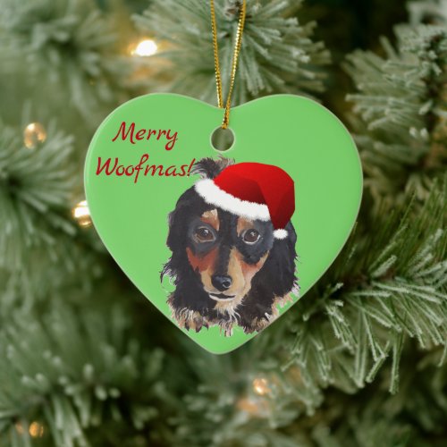 Christmas Black Tan Long Haired Doxie Santa Hat Ceramic Ornament