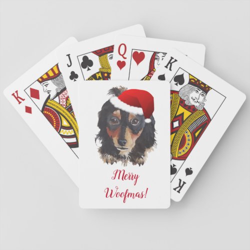 Christmas Black Tan Long Haired Doxie Santa Hat Playing Cards
