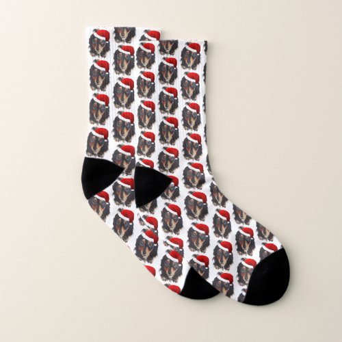 Christmas Black Tan Long Haired Doxie Santa Hat Socks