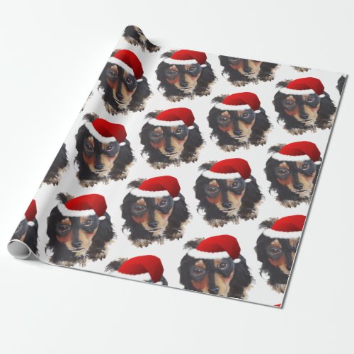 Christmas Black Tan Long Haired Doxie Santa Hat Wrapping Paper