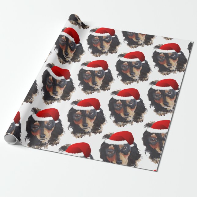 Christmas Black Tan Long Haired Doxie Santa Hat Wrapping Paper (Unrolled)