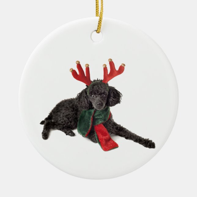 Christmas Black Toy Poodle Dog Dressed as Reindeer Ceramic Ornament (Front)