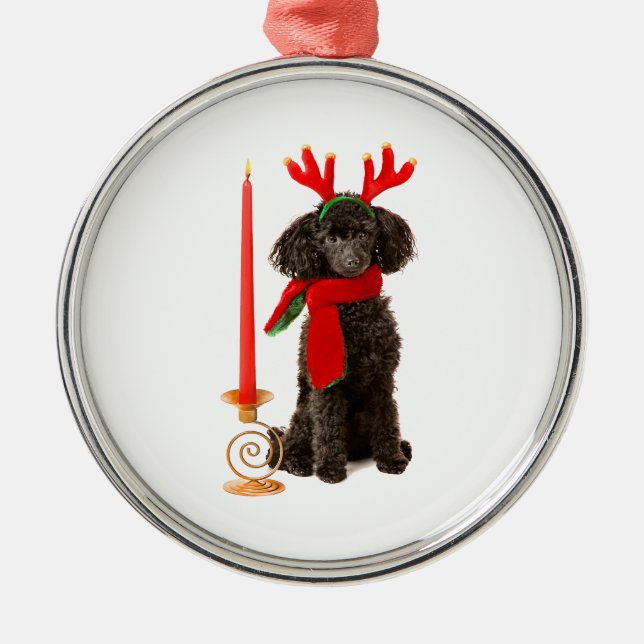 Christmas Black Toy Poodle Dog Dressed as Reindeer Metal Ornament (Front)
