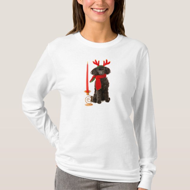 Christmas Black Toy Poodle Dog Dressed as Reindeer T-Shirt (Front)