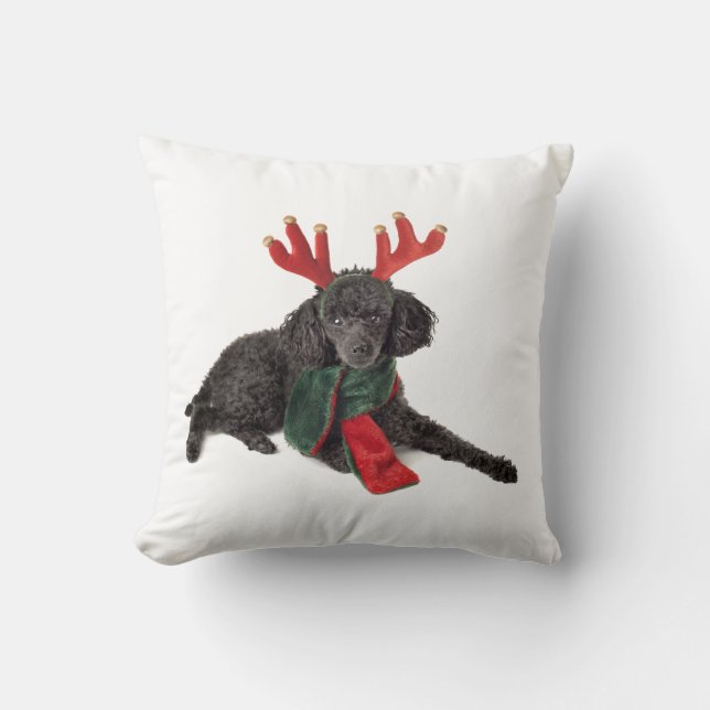 Christmas Black Toy Poodle Dog Dressed as Reindeer Throw Pillow (Front)