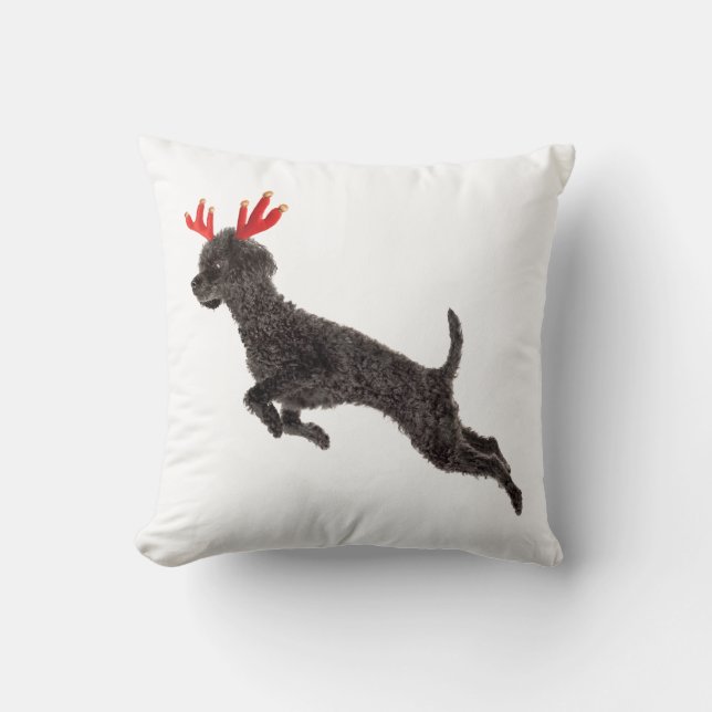 Christmas Black Toy Poodle Dog Reindeer Antlers Throw Pillow (Front)