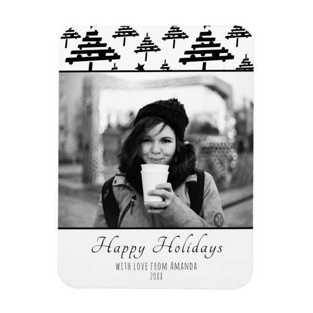 Christmas Black White Custom Holiday Photo Card Magnet (Vertical)