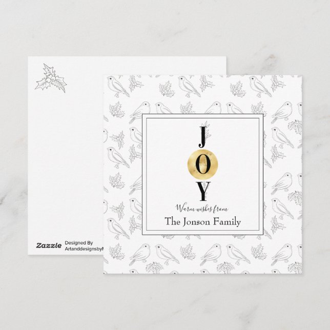Christmas black white gold floral chic typography holiday card (Front/Back)