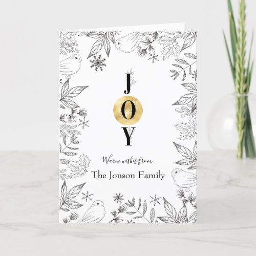 Christmas black white gold floral cute script holiday card