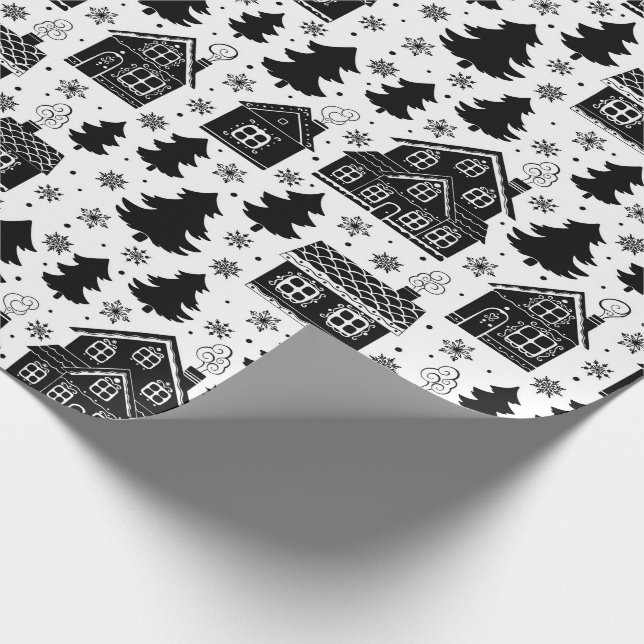 Christmas Black White House Trees Snowflakes Wrapping Paper (Corner)
