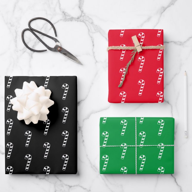 Christmas black white red green candy cane pattern wrapping paper sheets (Front)
