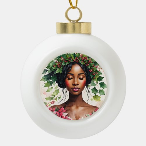Christmas Black Woman Holly and Poinsettia Art Ceramic Ball Christmas Ornament