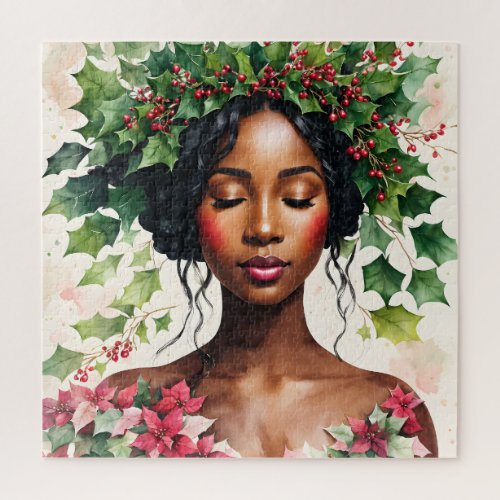 Christmas Black Woman Holly and Poinsettia Art Jigsaw Puzzle