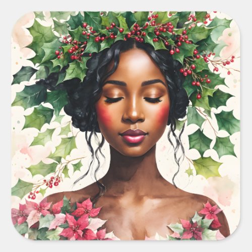 Christmas Black Woman Holly and Poinsettia Art Square Sticker