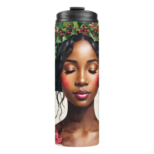 Christmas Black Woman Holly and Poinsettia Art Thermal Tumbler