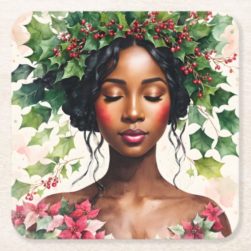 Christmas Black Woman Holly Poinsettia Art Square Paper Coaster