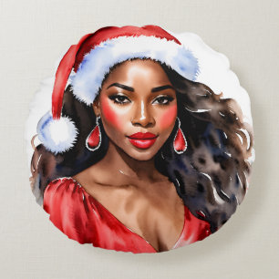 Christmas Black Woman Santa Hat Round Pillow
