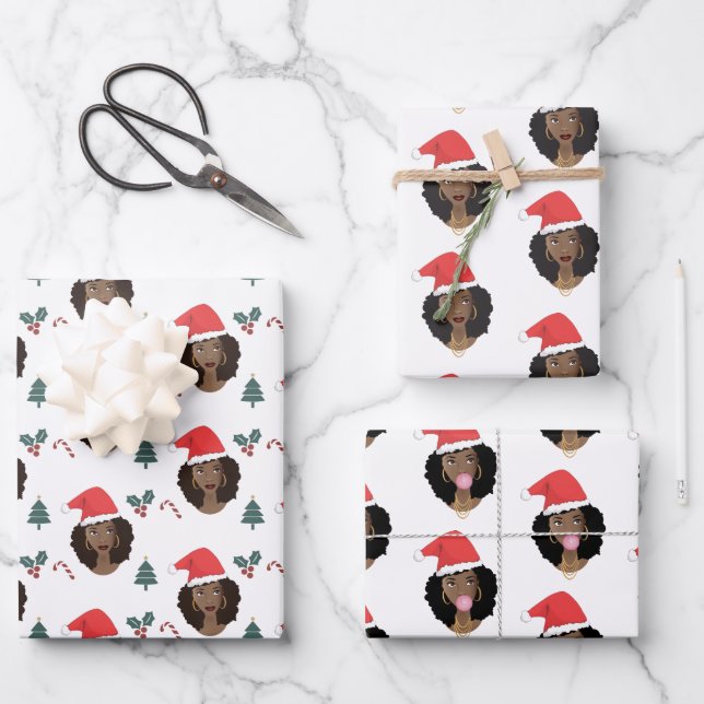 Christmas, Black Women with Red Santa Hats Wrapping Paper Sheets (Front)