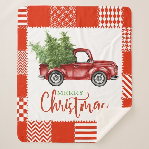 Christmas blanket with vintage red truck with wood