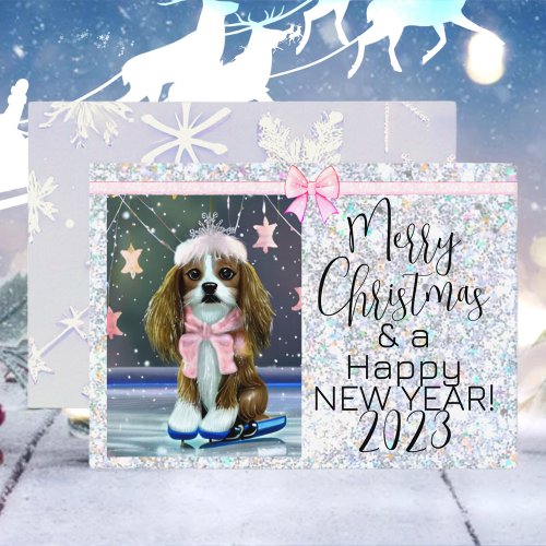 Christmas Blenheim with Bow and Sparkle Background Note Card