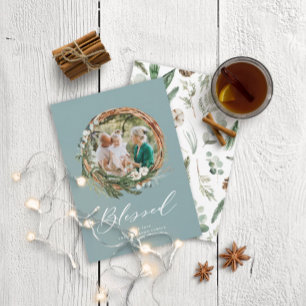 Christmas blessed botanical dusty blue 1 photo holiday card