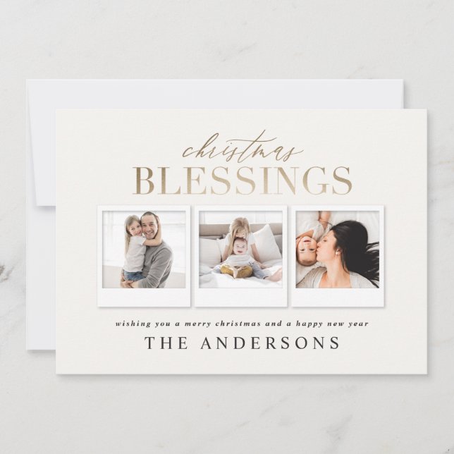 Christmas blessing gold multi photo plaid holiday card (Front)
