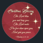 Christmas Blessing Lord Bless You Numbers 6:24-26 Classic Round Sticker<br><div class="desc">Beautiful Christmas Blessing sticker depicts shinning stars on a red abstract background and features Bible Verse Numbers 6:24-26,  "The LORD bless you and keep you; The LORD make his face shine on you and be gracious to you; The LORD turn his face toward you and give you peace." _</div>