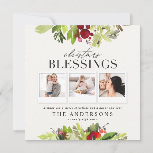 Christmas blessing multi photo plaid and foliage holiday card