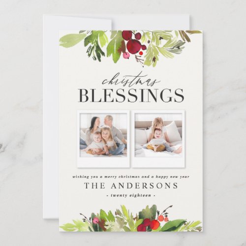 Christmas blessing multi photo plaid and foliage holiday card
