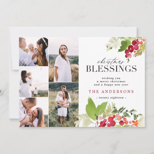 Christmas blessing multi photo watercolor foliage holiday card