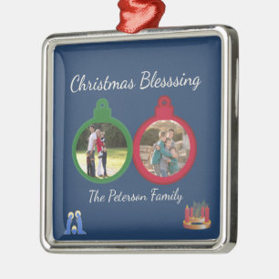 Christmas Blessings Advent Nativity 2 Photos Metal Ornament