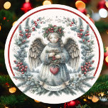Christmas Blessings Angel Green Pine Red Berries Classic Round Sticker