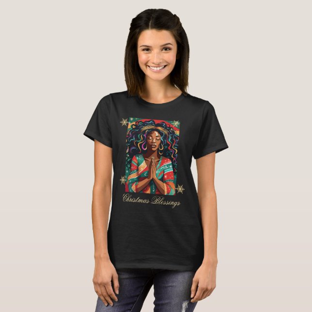 Christmas Blessings Black Woman Praying T-Shirt (Front Full)