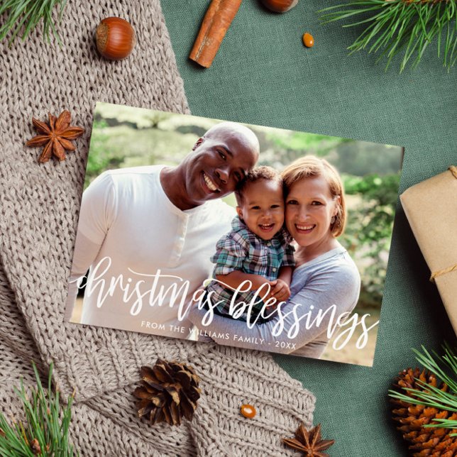 Christmas Blessings Brush Script Family Photo Holiday Card (Creator Uploaded)